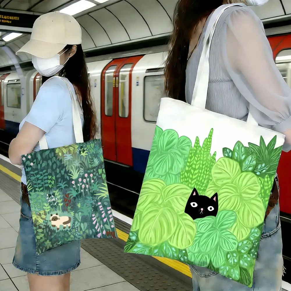 Whimsical Natural Cat And Green Grass Storage Bags Shopping Bags Series Print Bags Lightweight Shoulder Bag For Daily Use