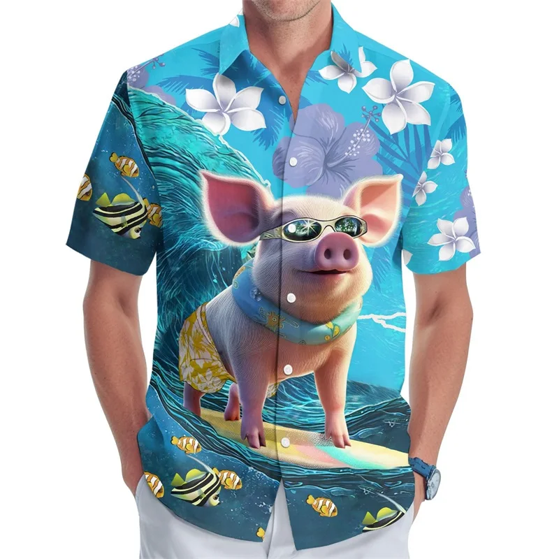 Men\'s Button Up Beach Shirt 3d Digital Print Chicken Pattern Surfing Hawaiian Shirt For Men Casual Short Sleeve Plus Size Shirts