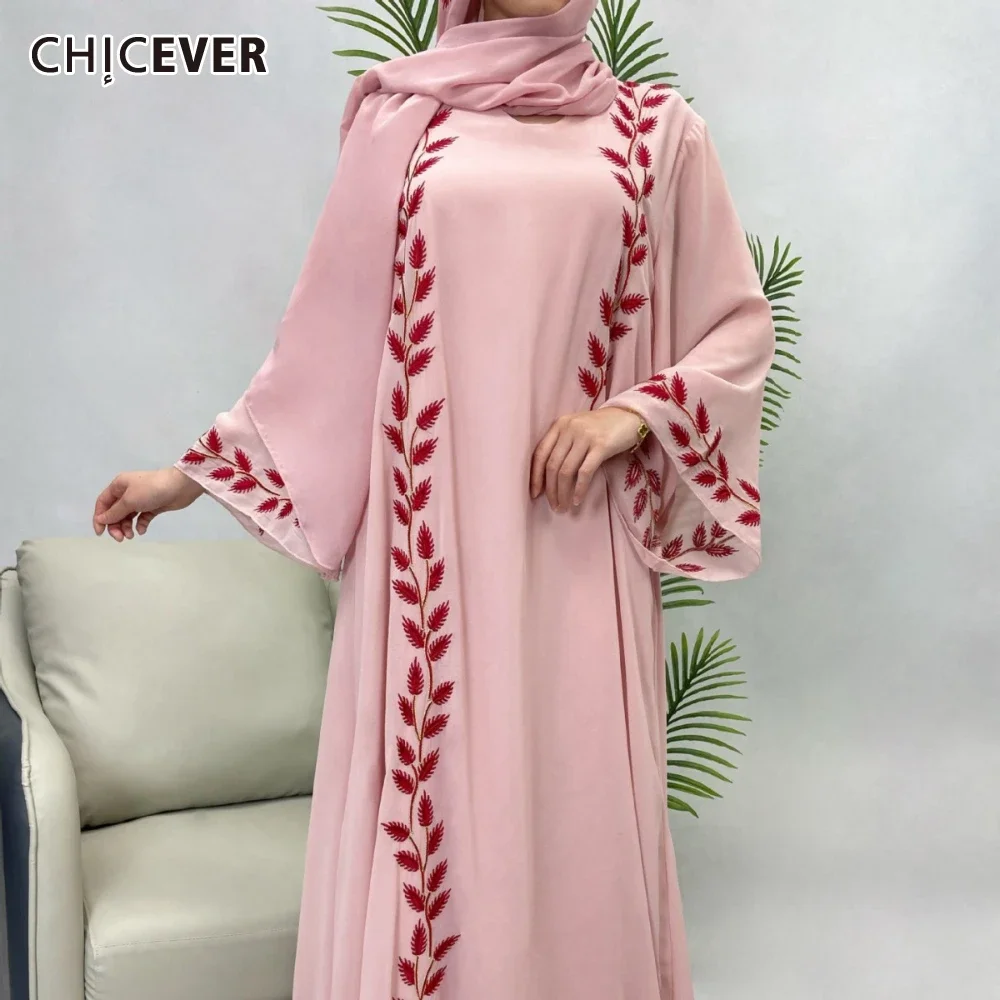 CHICEVER Pink Color Chubby Women's Party Dresses Round Neck Flare Sleeves Loose Waist Embroidery Abaya with Scarf Female Clothes