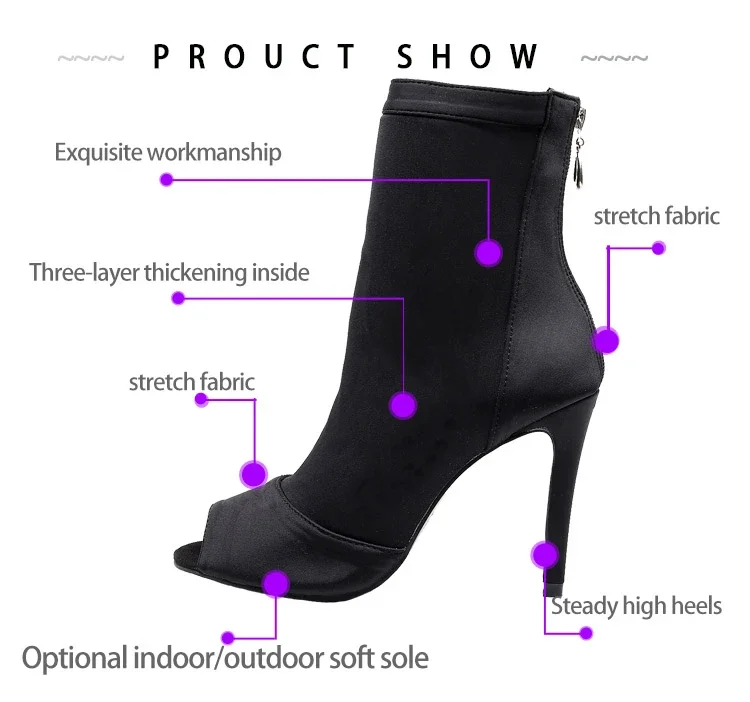 Hot Selling Salsa Jazz Outdoor Indoor Plus Size Latin Dance Shoes for Dancing Women Teachers High Heels Nylon Boots Black