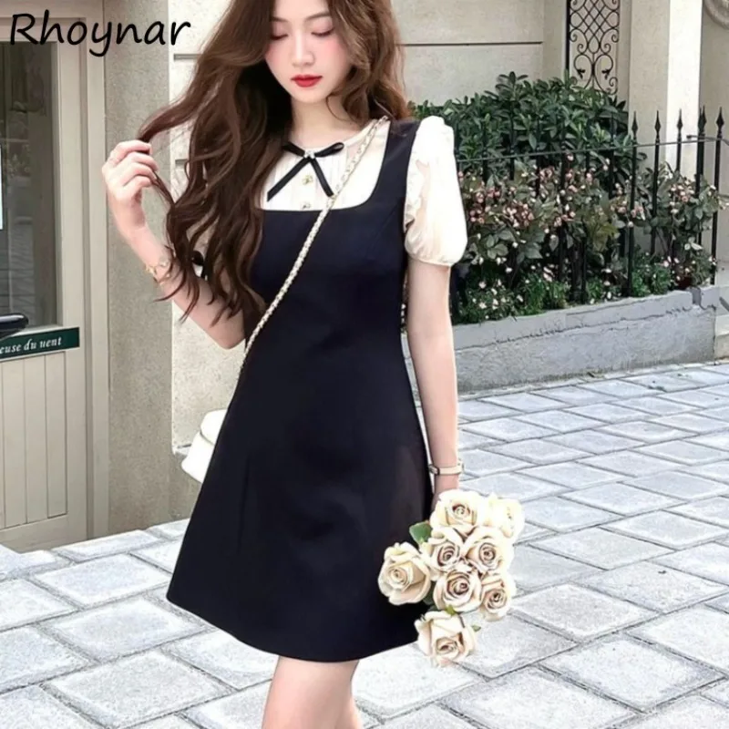 

Patchwork Short Sleeve Mini Dresses Women Summer Elegant Temperament Korean Style Casual Prevalent Streetwear Bow Ruffles Slim