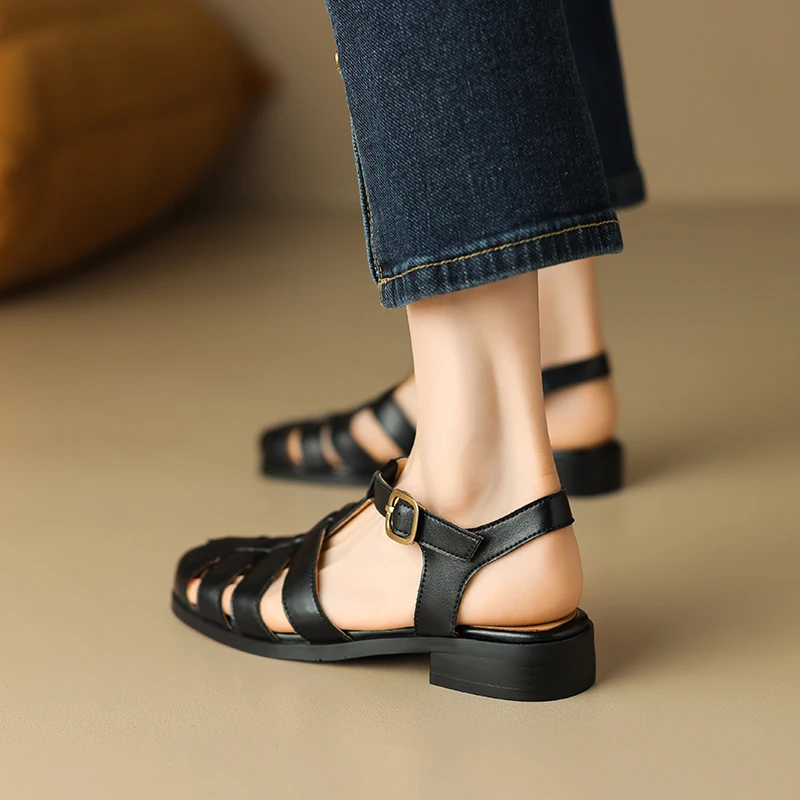 Petite Feet Split Leather Women Fisherman Sandals Summer Ankle Strap Black Beige Round Closed Toe Oversized Low Block Heel HG158