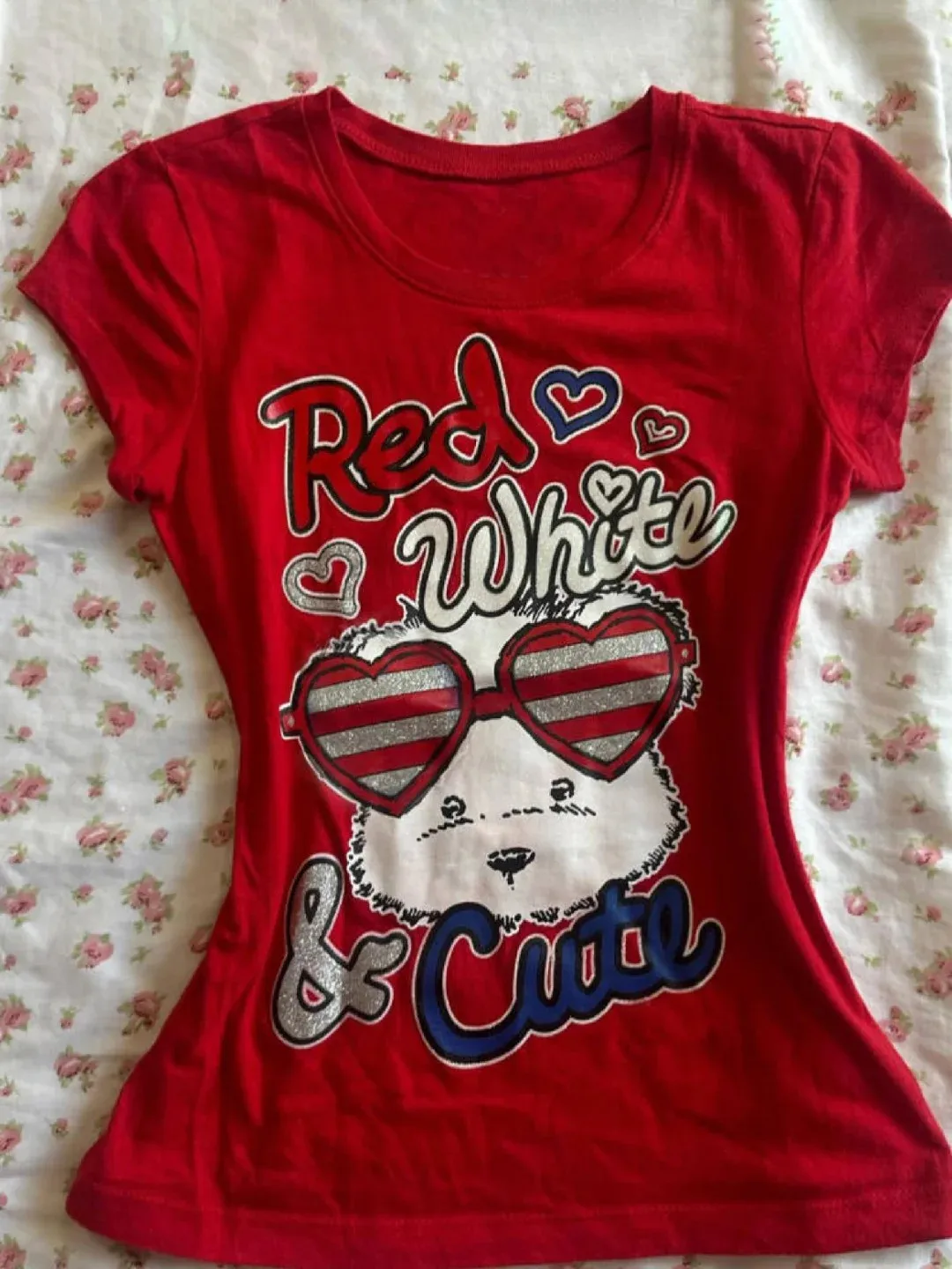 Graphic T shirt Cute Puppy Print Vintage Woman 2000s Summer Slim Gyaru Red Tees Short-sleeved Streetwear Clothes Y2k T-shirt Top