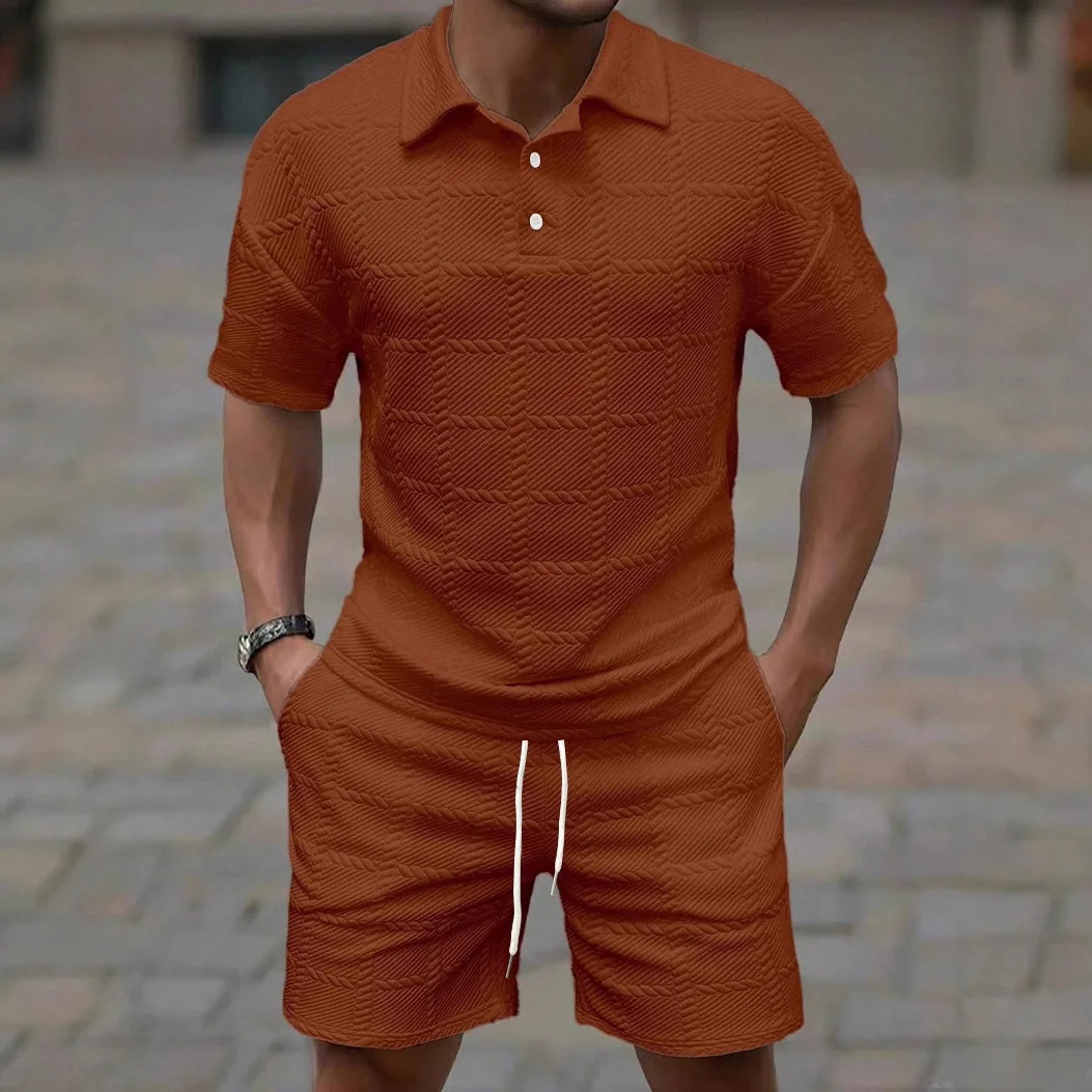 Conjuntos de Dos Piezas Casuales de Verano 2026 para Hombre, Tops de Manga Corta con Cuello Polo Vintage y Pantalones Cortos, Conjuntos de Moda para Hombre, Atuendos con Textura a Cuadros