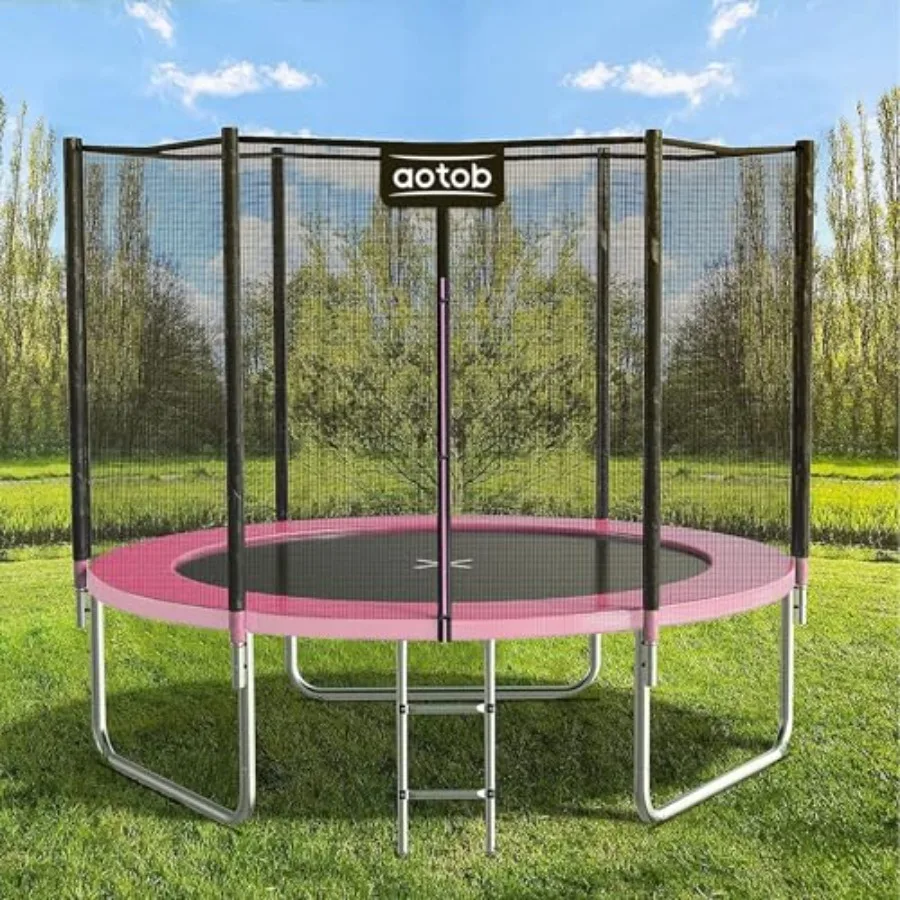 Outdoor trampoline for kids steel frame with pink waterproof jump mat safety enclosure net spring pad and ladder included