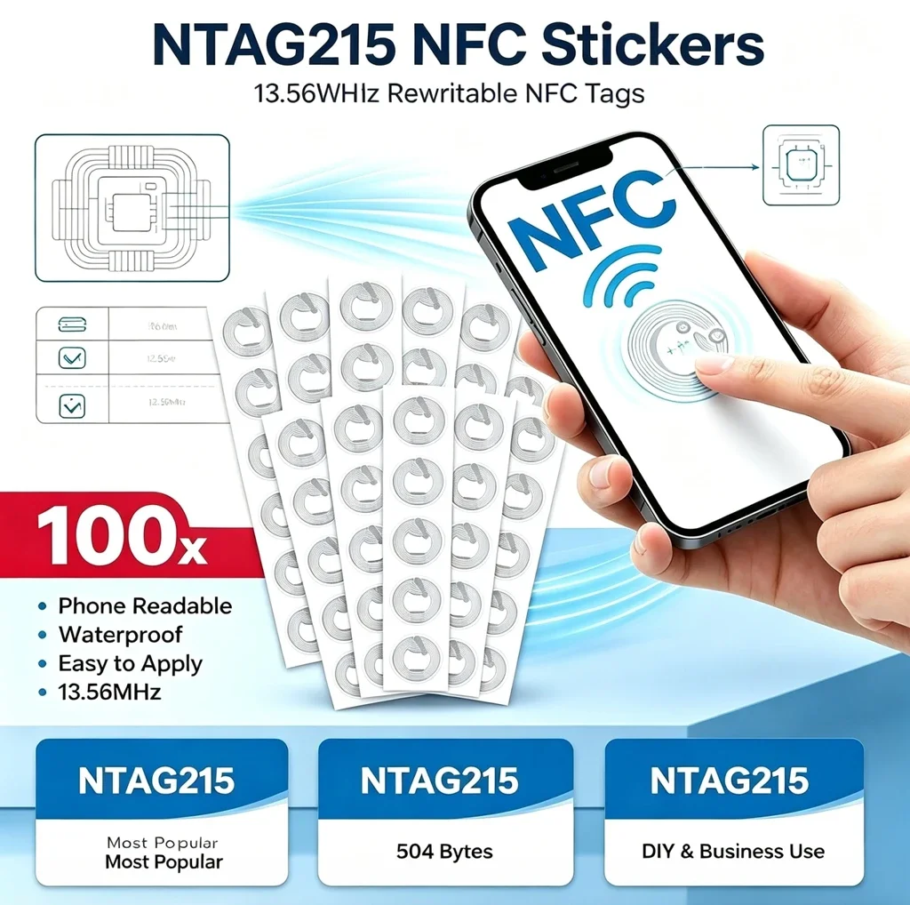 13.56MHz NTAG215 Round NFC Stickers Self‑Adhesive Rewritable Blank NFC Tags Labels for Smart Phone NFC Automation DIY
