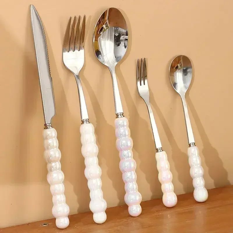 Stainless Steel Knife Fork Spoon 3/5 Pcs Dinnerware Set Light Luxury European Colorful Pearl Tableware Kit As Gifts Dropshipping