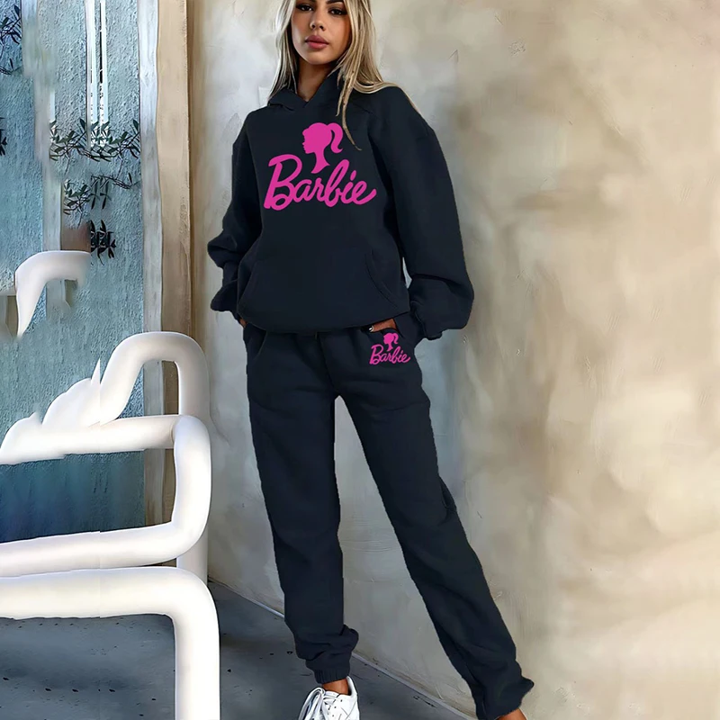 2024 New Girls Sports Sweatshirt and Sweatpants Suit Barbie Cartoon Casual Fashion Plus Velvet Autumn and Winter Two-Piece Suit