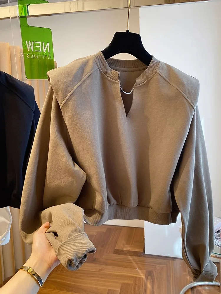 Sudaderas con cuello en V para mujer, nuevo diseño de otoño, ropa de estilo corto de ocio para mujer, ropa Vintage sencilla que combina con todo,
