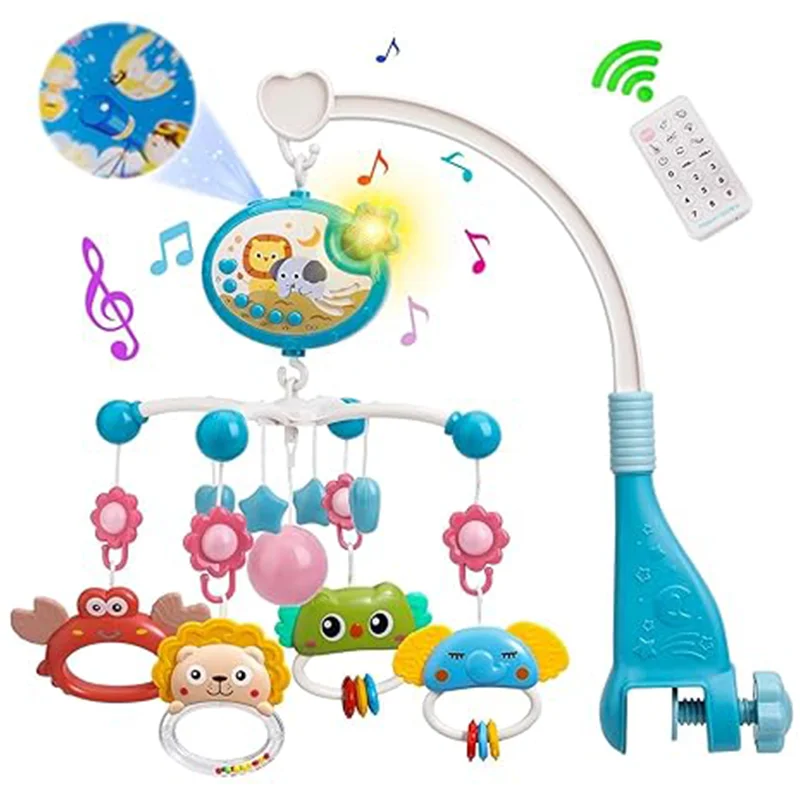 Musical Baby Crib Mobile Lights Remote Control Music Box Rotating Animals Rattles  Ceiling Star Projection Nursery Toys Infants