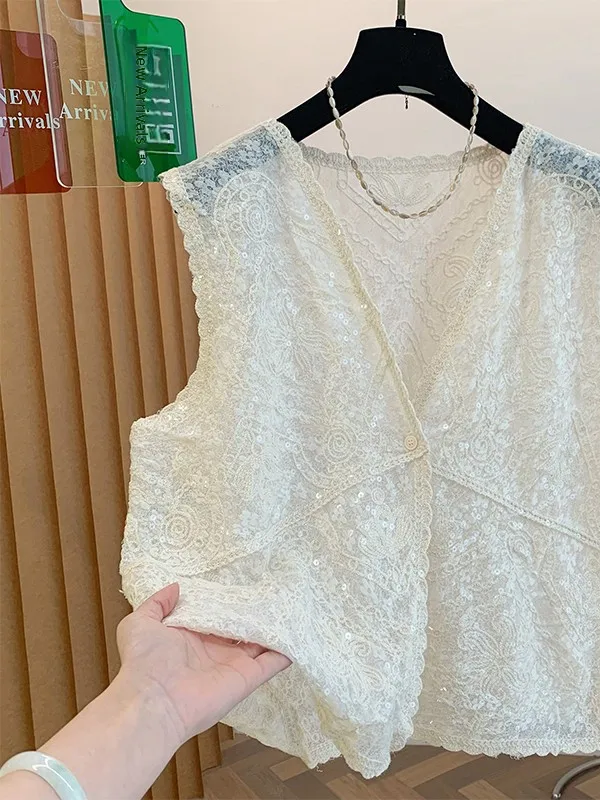 Elegant V-neck Embroidered Bead Decoration Blouse Women's Summer New Light Luxury Lace Trim Jacket Breathable Cotton Denim