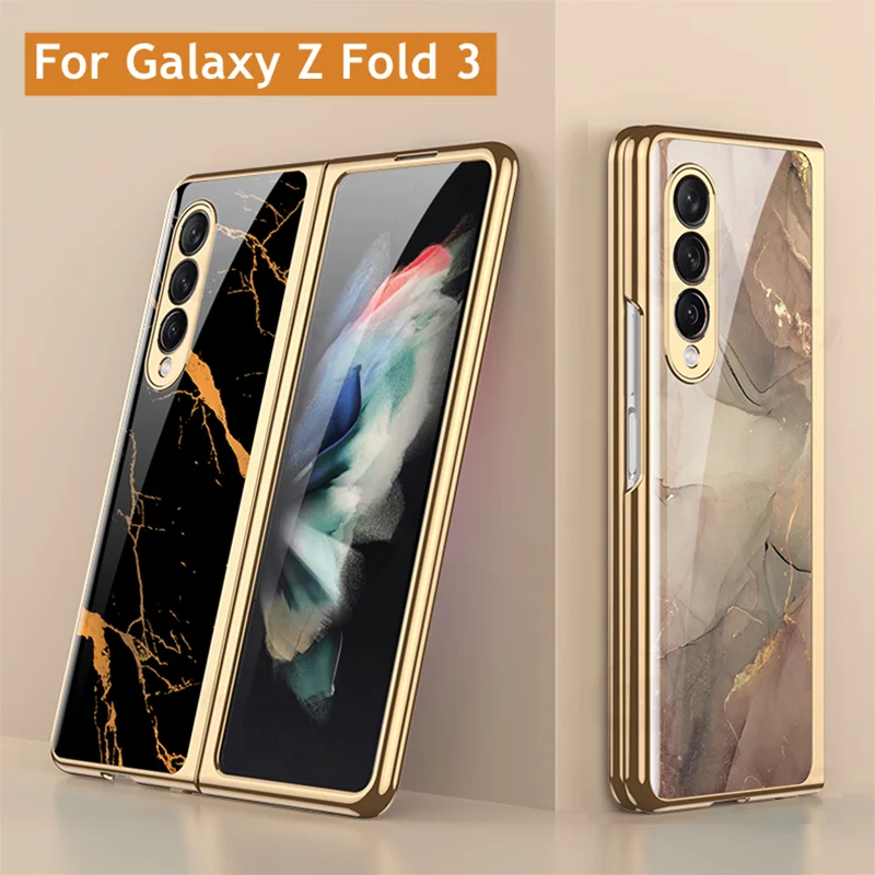 

Luxury Tempered Glass Case for Samsung Galaxy Z Fold 3 5G Case Plating Plastic Frame Hard Glass Cover for Galaxy Z Fold3