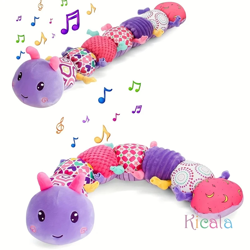 Brinquedo de pelúcia caterpillar musical para bebês com rugas e chocalhos, brinquedo de aprendizagem sensorial para bebês de 0 + meses, recém-nascidos, meninos e meninas