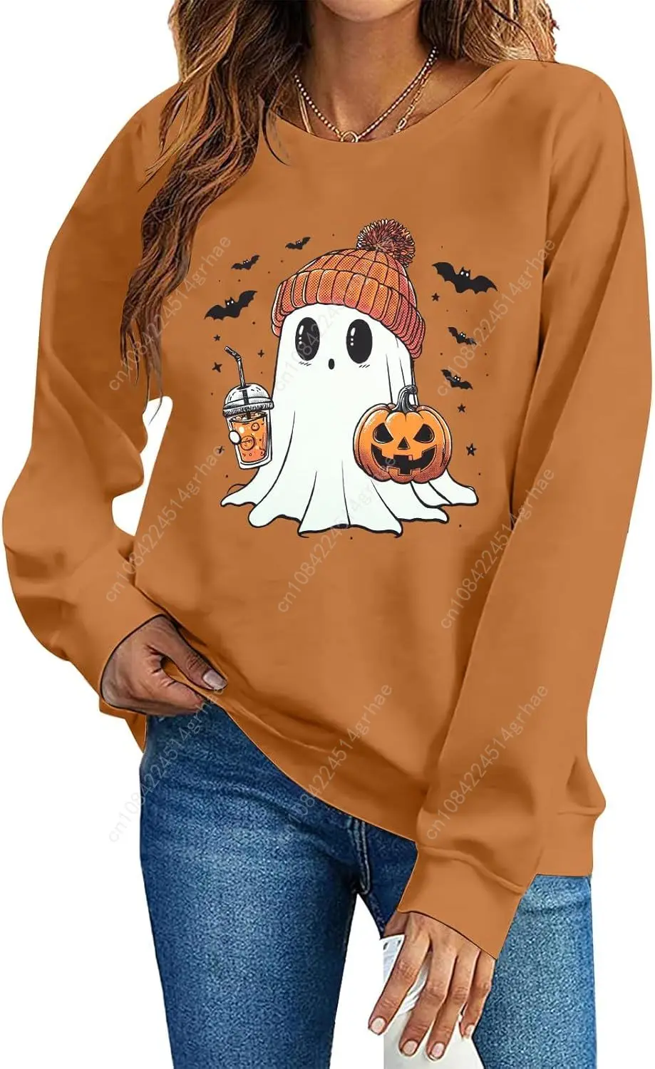 Bluzy na Halloween ASTANFY dla kobiet, koszulki z długim rękawem z motywem ducha i dyni, graficzne t-shirty dla miłośniczek kawy, jesienne, upiorne bluzy.