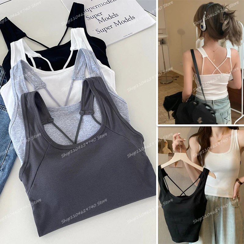 

Женский топ-майка с перекрестной спинкой, без рукавов, мягкий, дышащий, однотонный, спортивный топ, женское нижнее белье со встроенными чашечками бюстгальтера