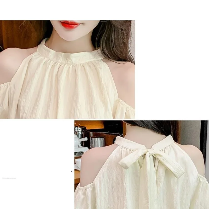 Summer Solid Color Pullover Round Neck Bow Bandage Beaded Puff Short Sleeve T-shirt Korean Fashion Sweet Women\'s Clothing Tops