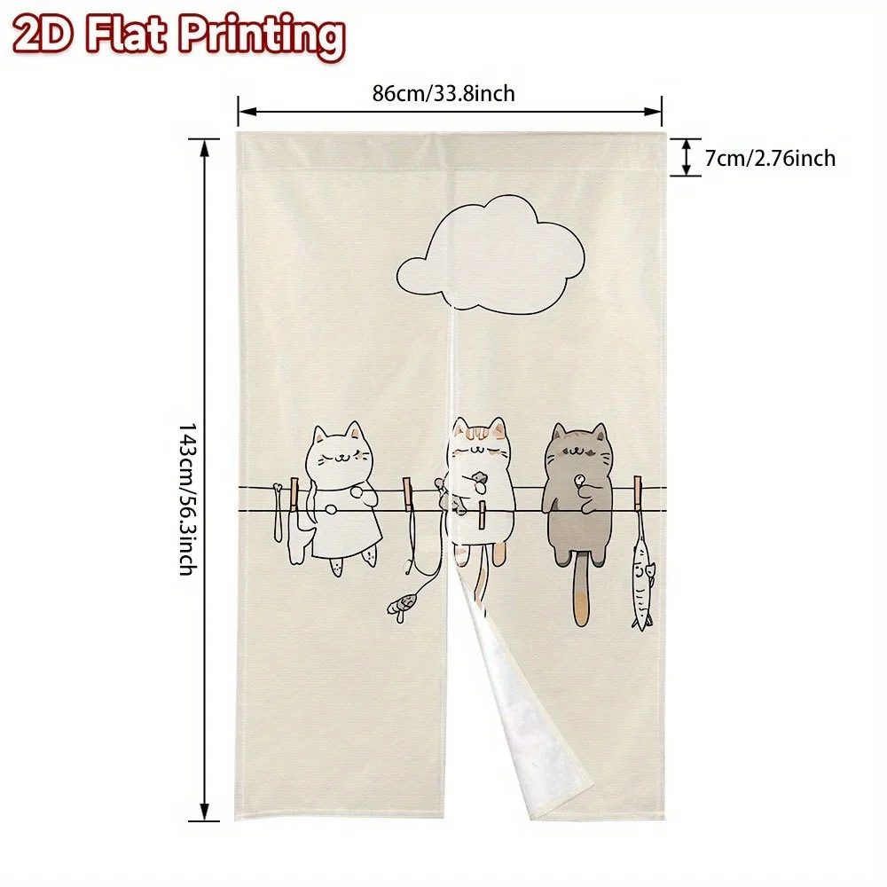 Whimsical Cat Noren Curtain – Three Cats on a Line, Cloud Design, White Background, Rod-Free Hanging, for Home or Gift Decor