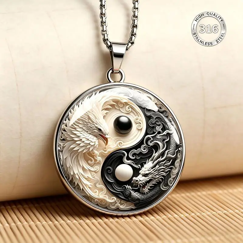Modischer Glas-Zeit-Edelstein Weißer Phönix-Drachen-Talisman-Schlüsselanhänger Yin-Yang-Fisch Runder Glasanhänger DIY-Halskette Partygeschenk – Detail 4