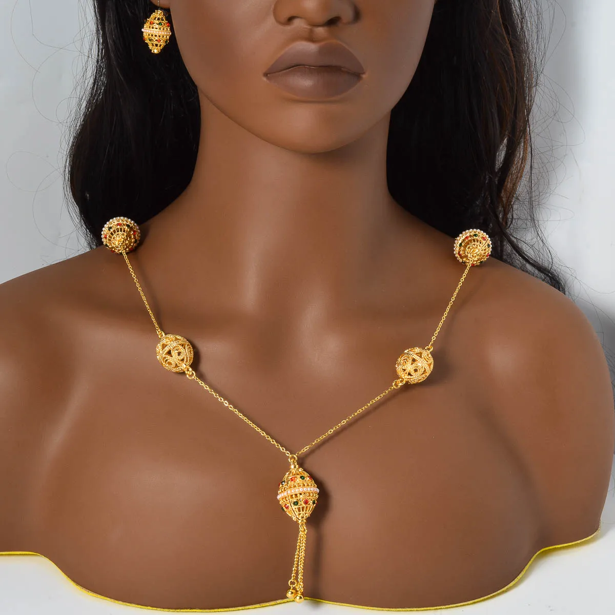 Middle Eastern Gold Plated Copper Necklace Earrings Set for Women Dubai Boho Bridal Jewelry Party Festival Accessories Gift