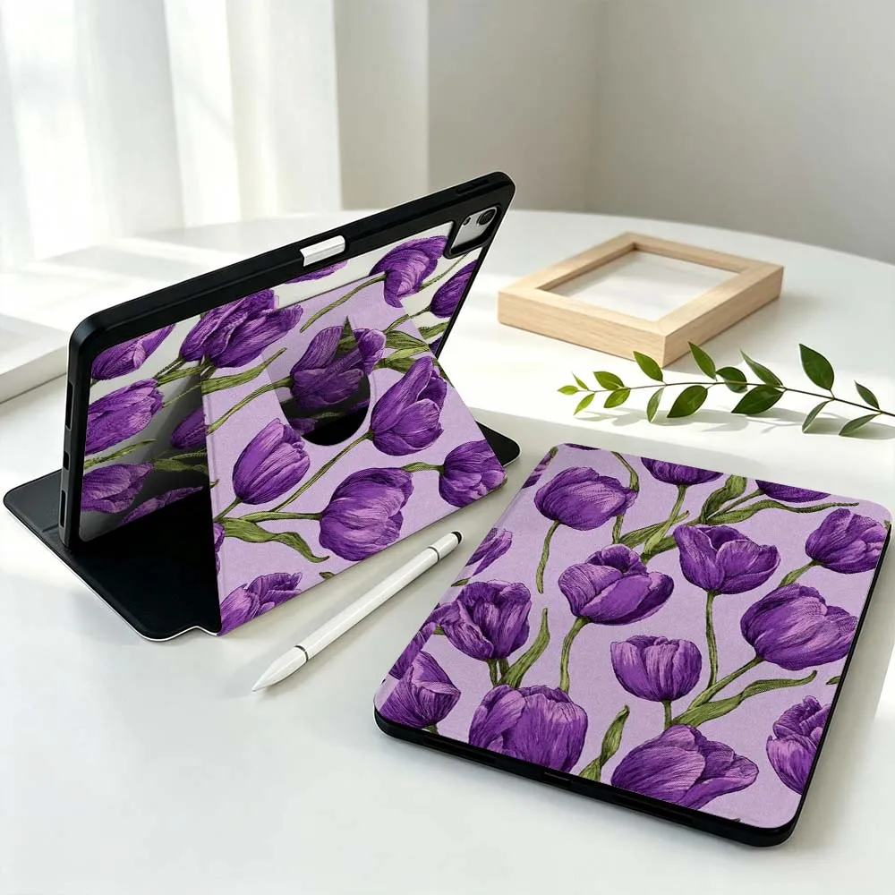 Artistic Purple Tulips For Samsung Galaxy Tab S11 S10 S9 S8 A11 FE Plus Ultra 360° Rotation Stylus Storage Tablet Case