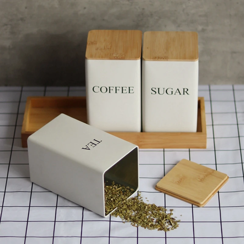 3Pcs Three-Piece Sealed Cans Simple Style Bamboo Lid Iron Tea Can Snack Storage Coffee Bean Square Can,Black-ABVK