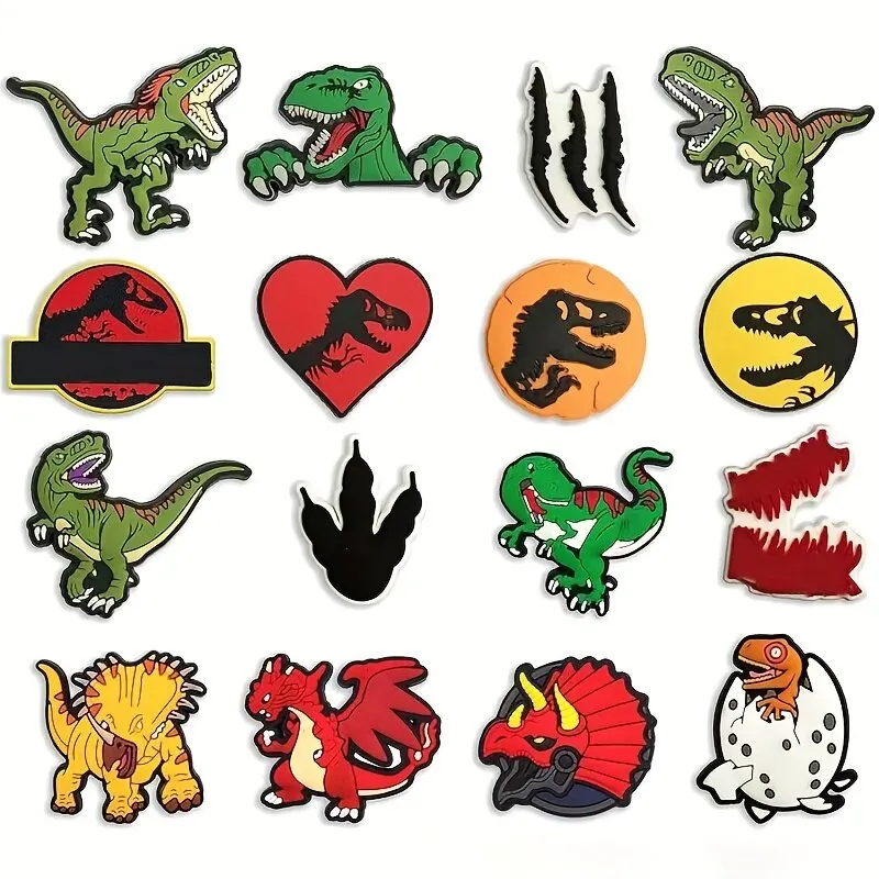 16pcs Dinosaur Pattern Shoe Decorations Charms for Clogs Bubble Slides Sandals PVC Shoe Accessories