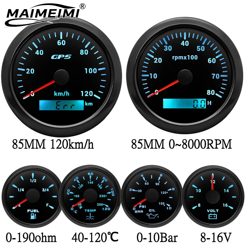 120kmh 200kmh 85mm+52mm 6 Gauges Set GPS Speedometer 6000/8000RPM Tachometer Fuel Level Gauge Oil Pressure Water Temp Voltmeter