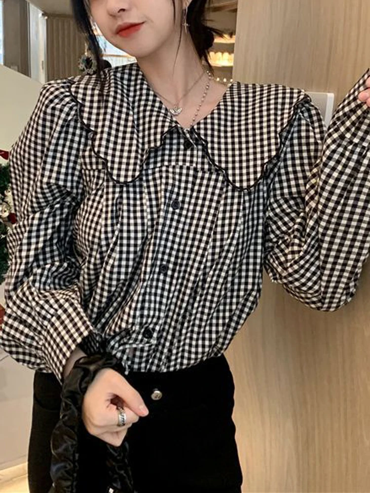 

Vintage Plaid Shirt Women Preppy Style Long Sleeve Top Lady Chic Peter Pan Collar Blouse Spring Fashion Check Blusas Para Mujer