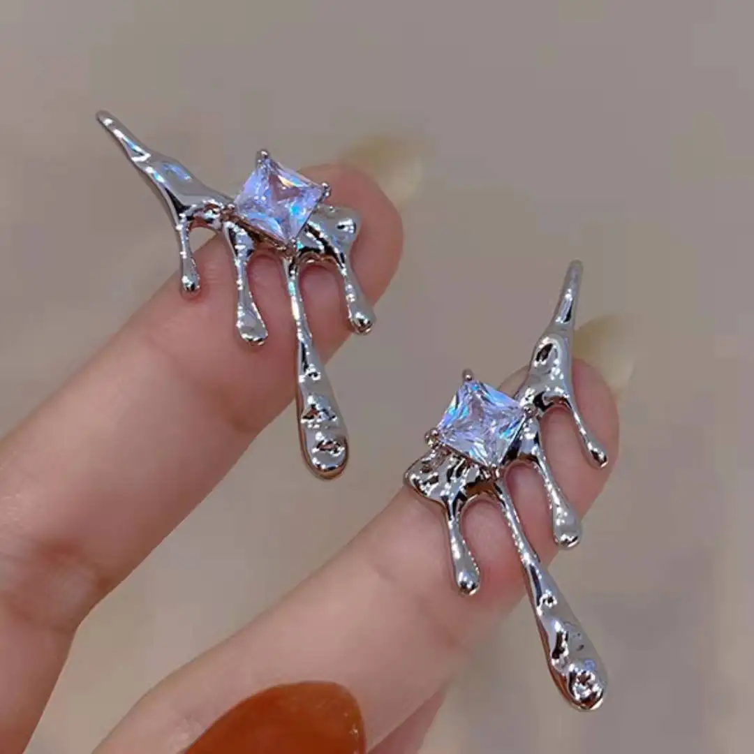 Punk Silver Color Metal Water-drop Dangle Earrings for Women Unique Liquid Flowing Lava Charms Drop Earrings Square Rhinestones