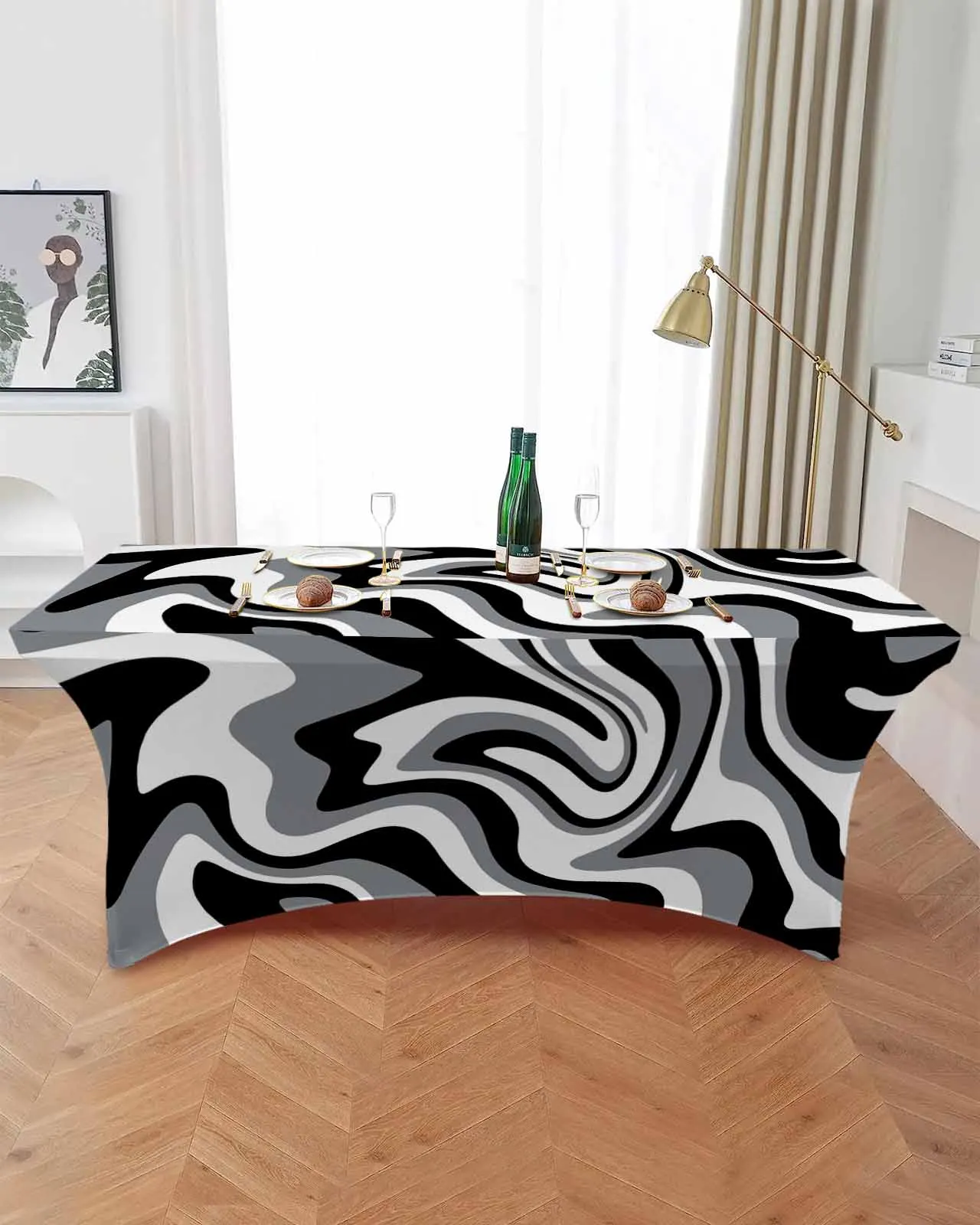 Black Fluid Art Abstract Texture Table Skirt Wedding Decoration Home Birthday Party Table Skirt Dessert Table Cover Home Decor