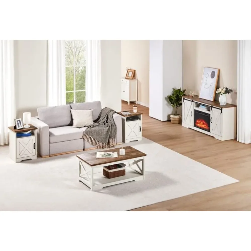 

5-Piece Table Set includes Fireplace TV Stand, Coffee Table& Two End Tables with Charging Station and USB Ports,Distressed White