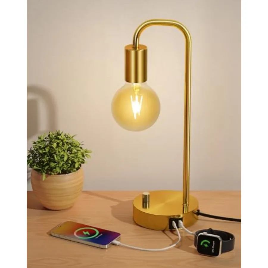 

Industrial Table Lamp with 2 Port, Stepless Dimmable Nightstand Bedside Lamps for Bedroom, Desk Lamps with 2700K Gold Gradient