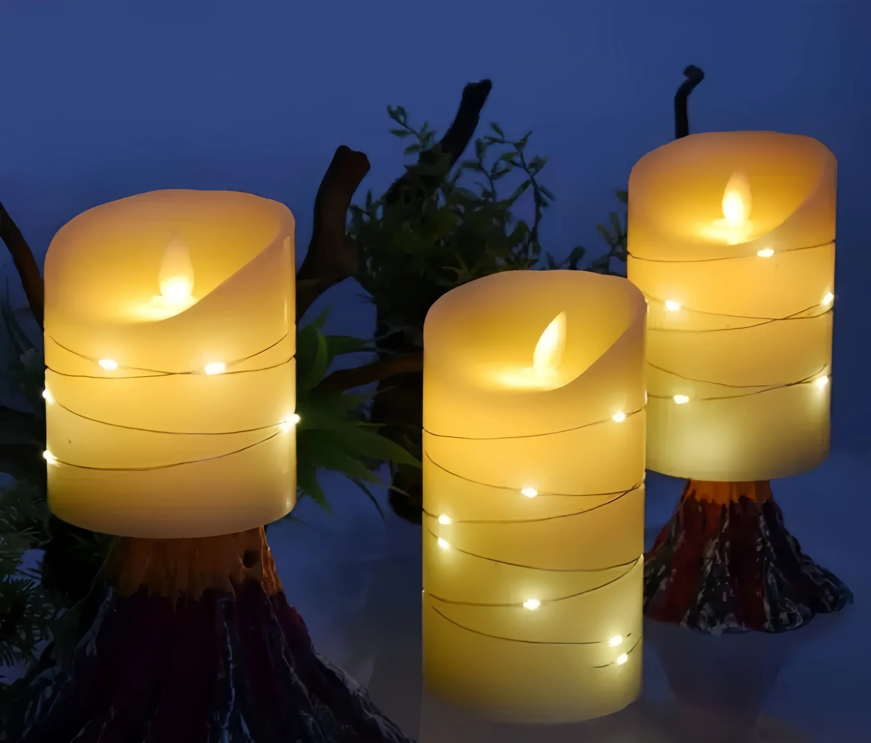 Flameless Candles Embedded with Fairy String Light Flickering LED Candles Remote Controlled W/Timer Paraffin Dancing Wick Lights