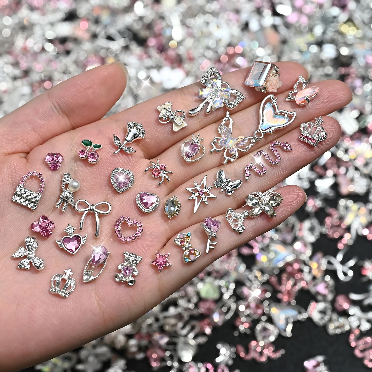 50Pcs Silver Mixed Alloy Nail Charms Random Butterfly Bow Heart Cherry Star Crown Nails Decoration Luxury Manicure Accessories J