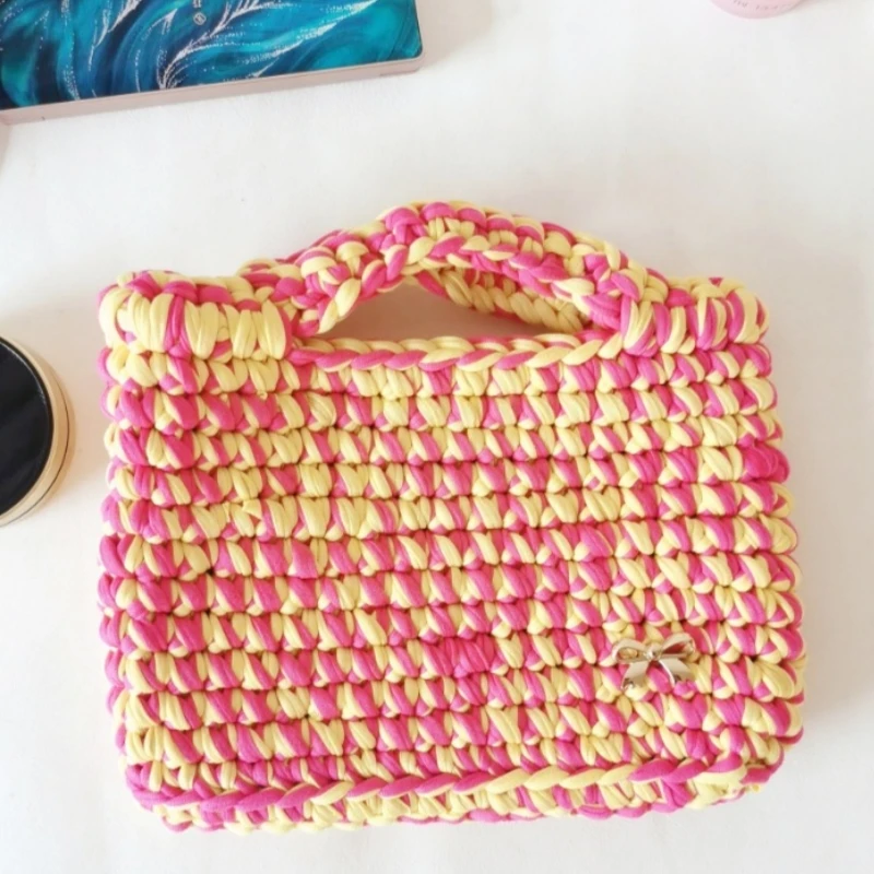 

Sping Summer Color Contrast Handmade Fabric Crochet Handbag Sweet Fresh Style Women's Tassel Finished Product Sac A Main Femme
