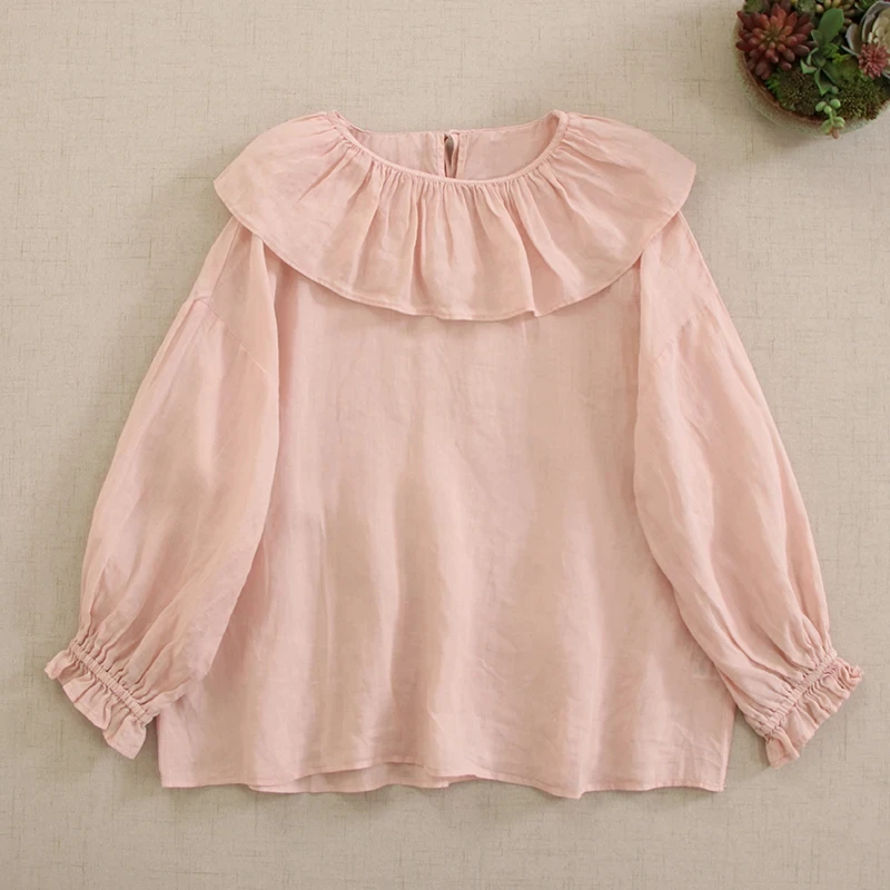 Spring Sweet Mori Girl Ruffles Collar Solid Candy Color Cotton Shirt Women Long Sleeve Casual Loose Blouse Tops