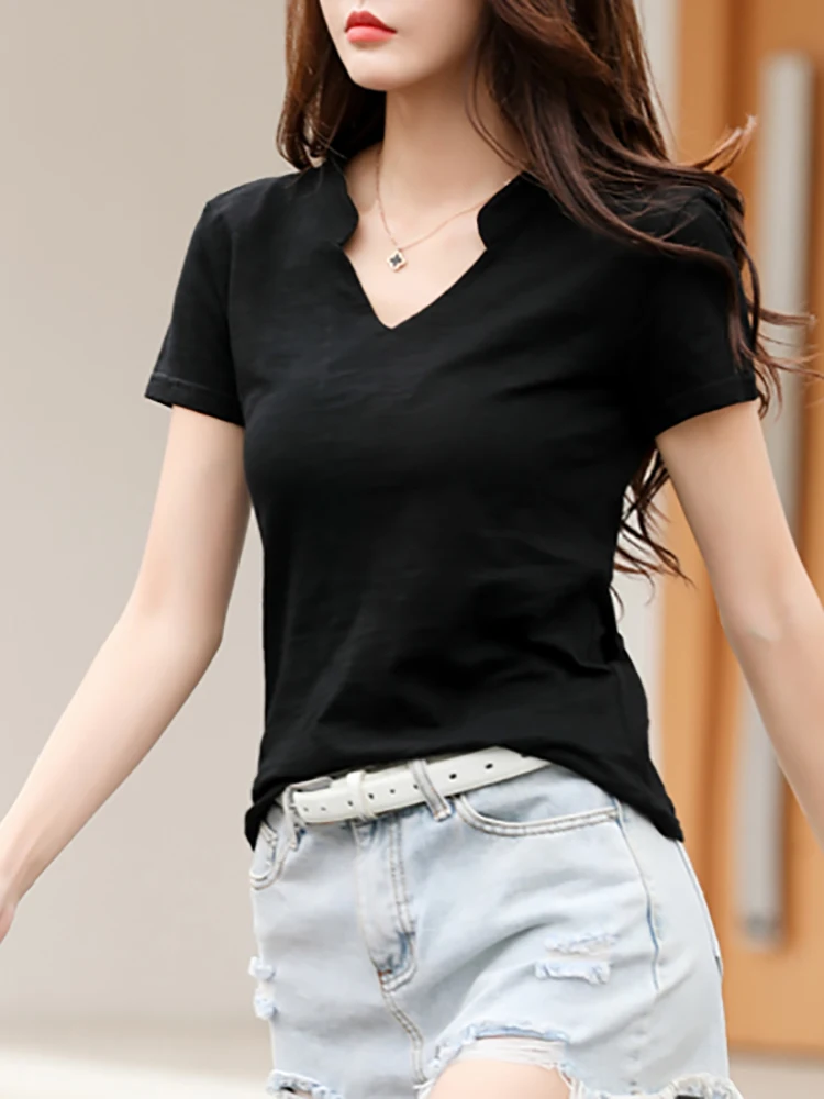 Plus Size T-Shirts Summer Bamboo Cotton T-Shirt Cotton Women V-Neck Soft Tshirts Female Basic Fashion Classic L-3XL Ladies Tops
