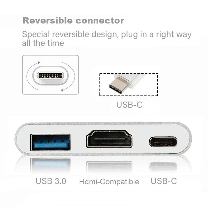 3-in-1 USB C Hub with 100W Power Delivery USB 3.0 4K HDMI-compatible for MacBook Surface Chrome Steam Deck Stable Smart Adapter