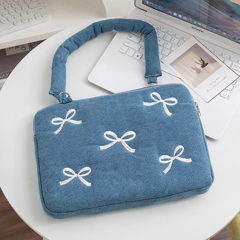 Bow Embroidered Laptop Bag 13-16 Inch - Portable Shoulder Handbag for Women Girls, Fashion Notebook Sleeve Case