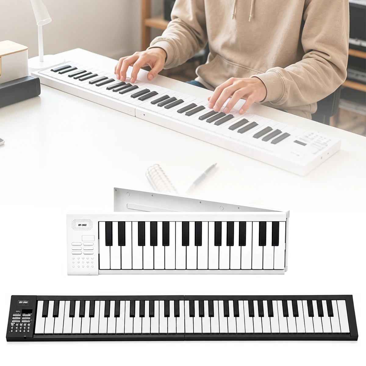 Miwayer Portable Electronic Keyboard – 61 Keys, Foldable, LED Display, Record/Playback, White or Black, with Carry Bag