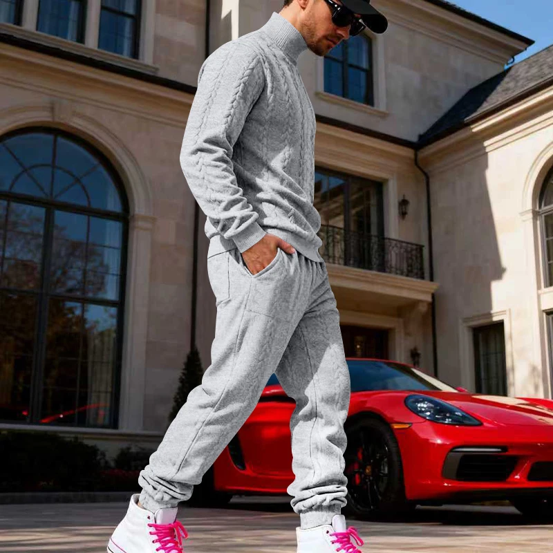 Men's Fleece-Lined Warm High-Neck Two-Piece Set Knit Sweater Casual Jogger Pants Winter Leisure Sports Set view 2