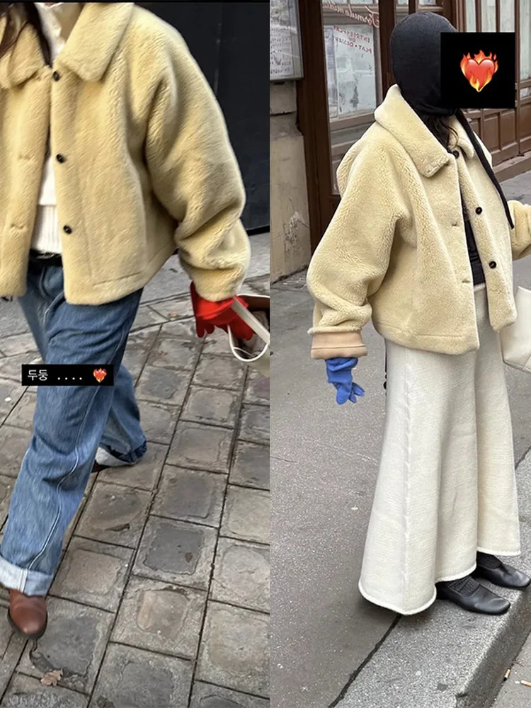 

Теплое женское пальто из овечьей шерсти, свободного кроя, с плюшевой подкладкой, на пуговицах, с воротником-стойкой, для повседневной носки, модное зимнее пальто