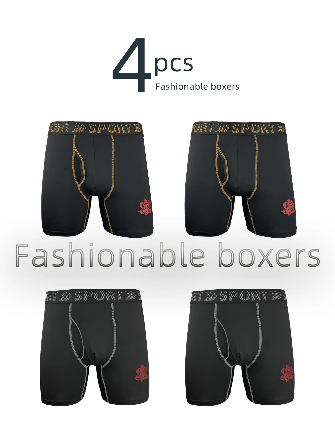 

Мужские спортивные боксеры из 4 комплектов: пояс «SPORT» + принт розы, дышащий материал — приятный крой + плотный крой, встроенный для занятий спортом