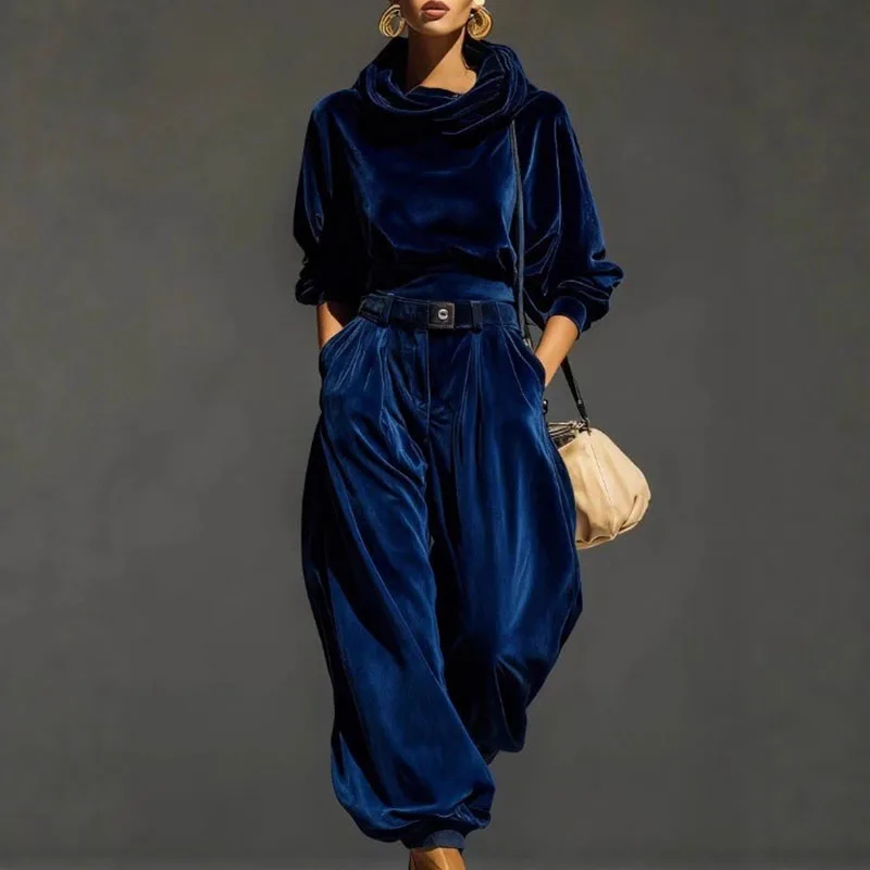 الخريف الشتاء الصلبة لينة المخملية هوديي البلوز مجموعة المرأة موضة كم طويل مقنع بلوزات وبانت مجموعات عادية 2 قطعة الزي البدلة