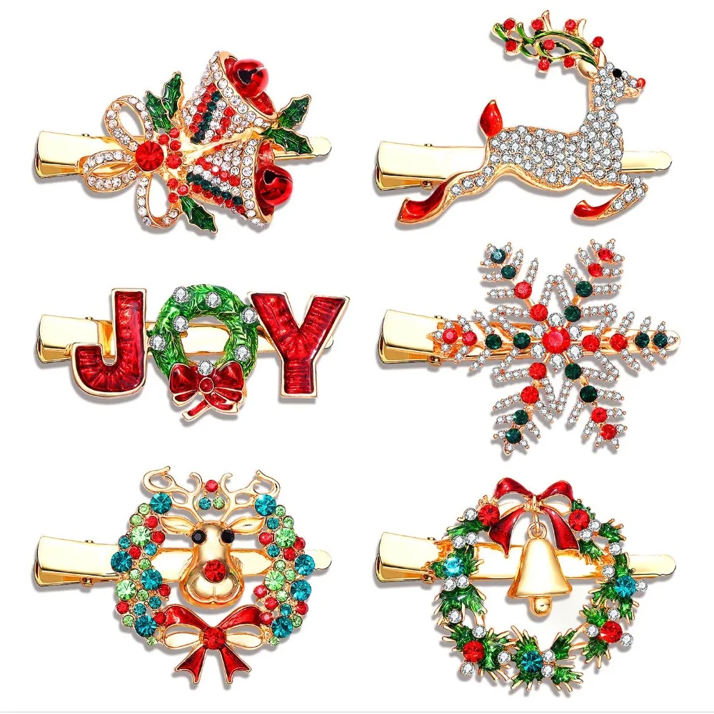

Christmas Hair Clips – 6 Pcs Snowflake, Wreath & Reindeer Bell Barrettes with Rhinestone – Holiday Hair Accessory