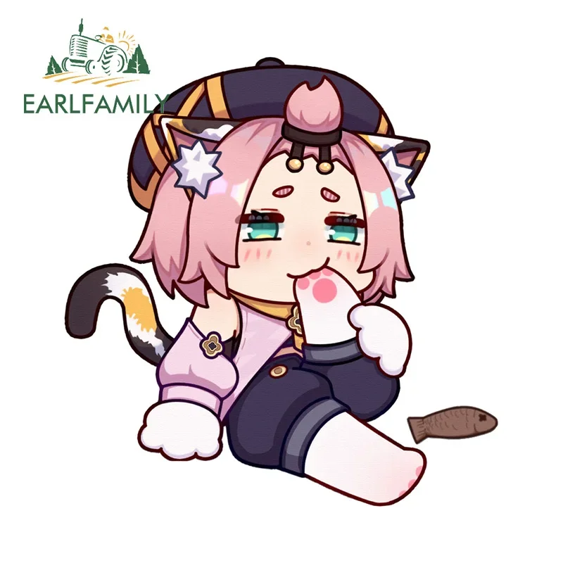 EARLFAMILY 13cm x 12.5cm Chibi Diona Taill Car Stickers Kawaii Eating Cat Claws Anime Fish Decals Personality Refrigerator Decor