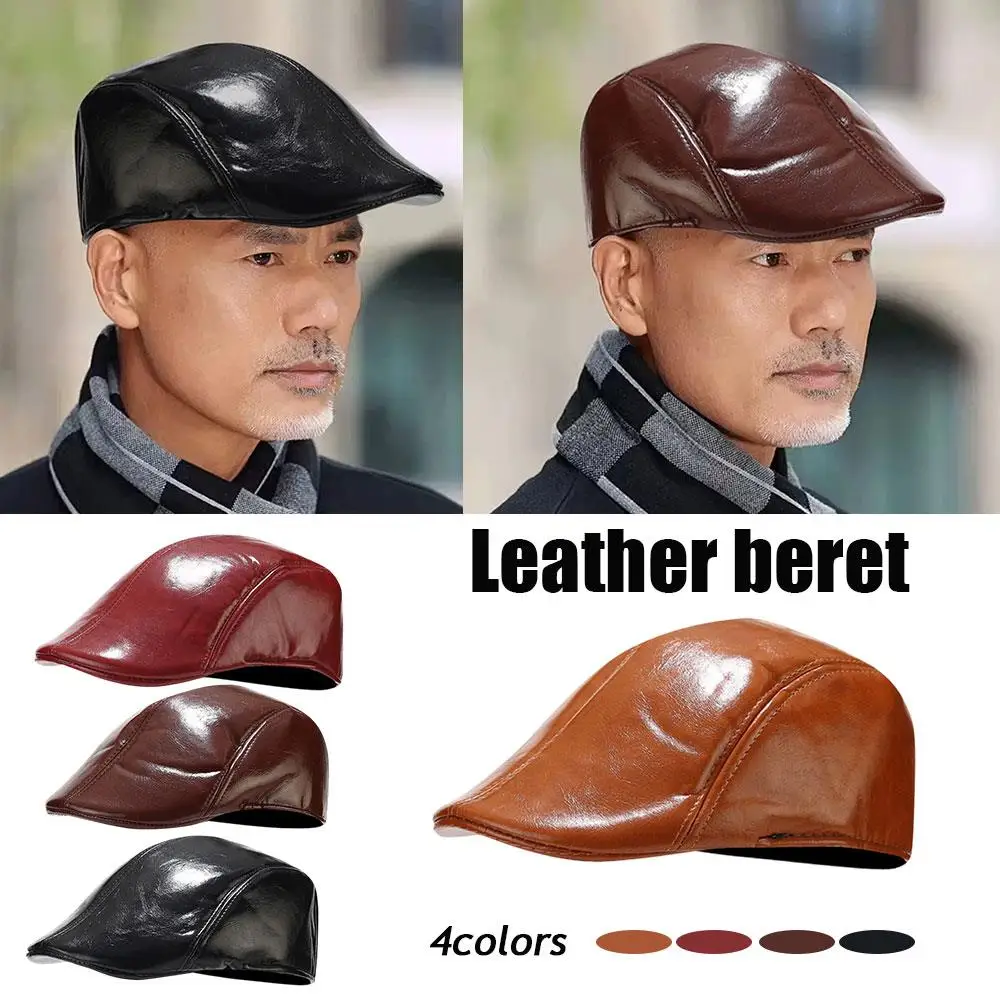 قبعات الموضة الرجال بولي Leather الجلود قبعة قبعة بلون قبعة الرسامين البريطانيين قبعة قصيرة حافة قبعات مسطحة مشرق الجلود مثل القبعات #2