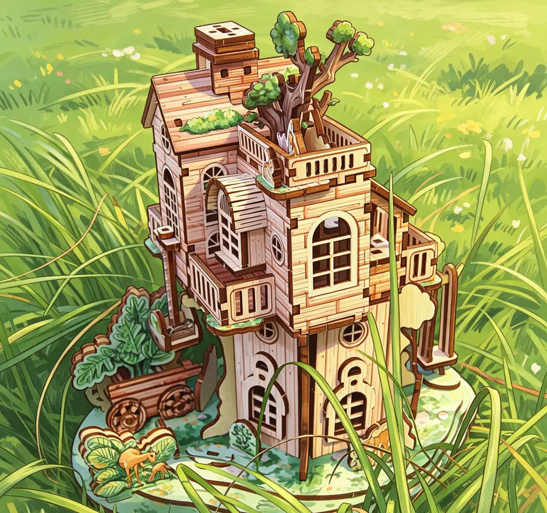 

Wooden 3D Tree House Bookend Puzzle, DIY Mini Villa Cabin Assembly Model, Handmade Fairy Tale Forest Cottage Building Craft Gift