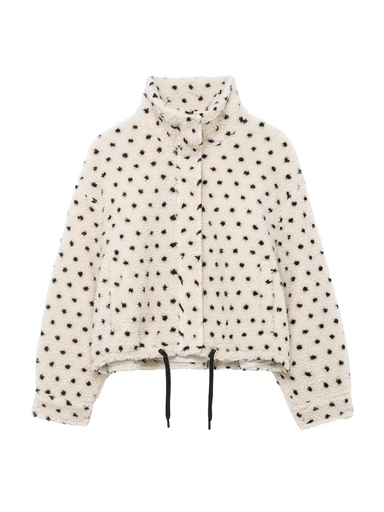 

HH Woman Fashion Turtleneck Long Sleeves Drawstring Decoration Zipper Polka Dot Polar Fleece Short Coat Female Casual Jacket