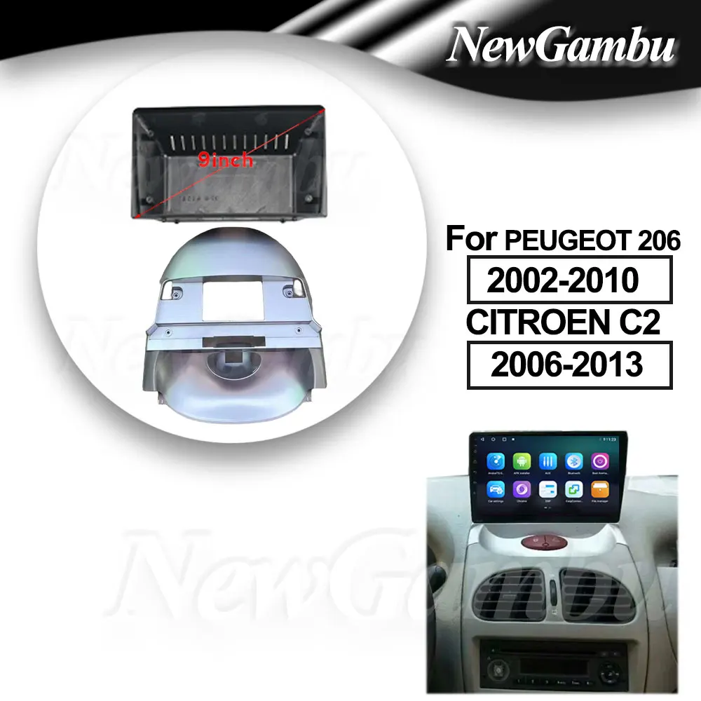 

9-дюймовая 2Din автомобильная DVD-рамка, аудиоадаптер, комплекты отделки приборной панели для PEUGEOT 206 2002-2010/CITROEN C2 2006-2013, серебристая рамка